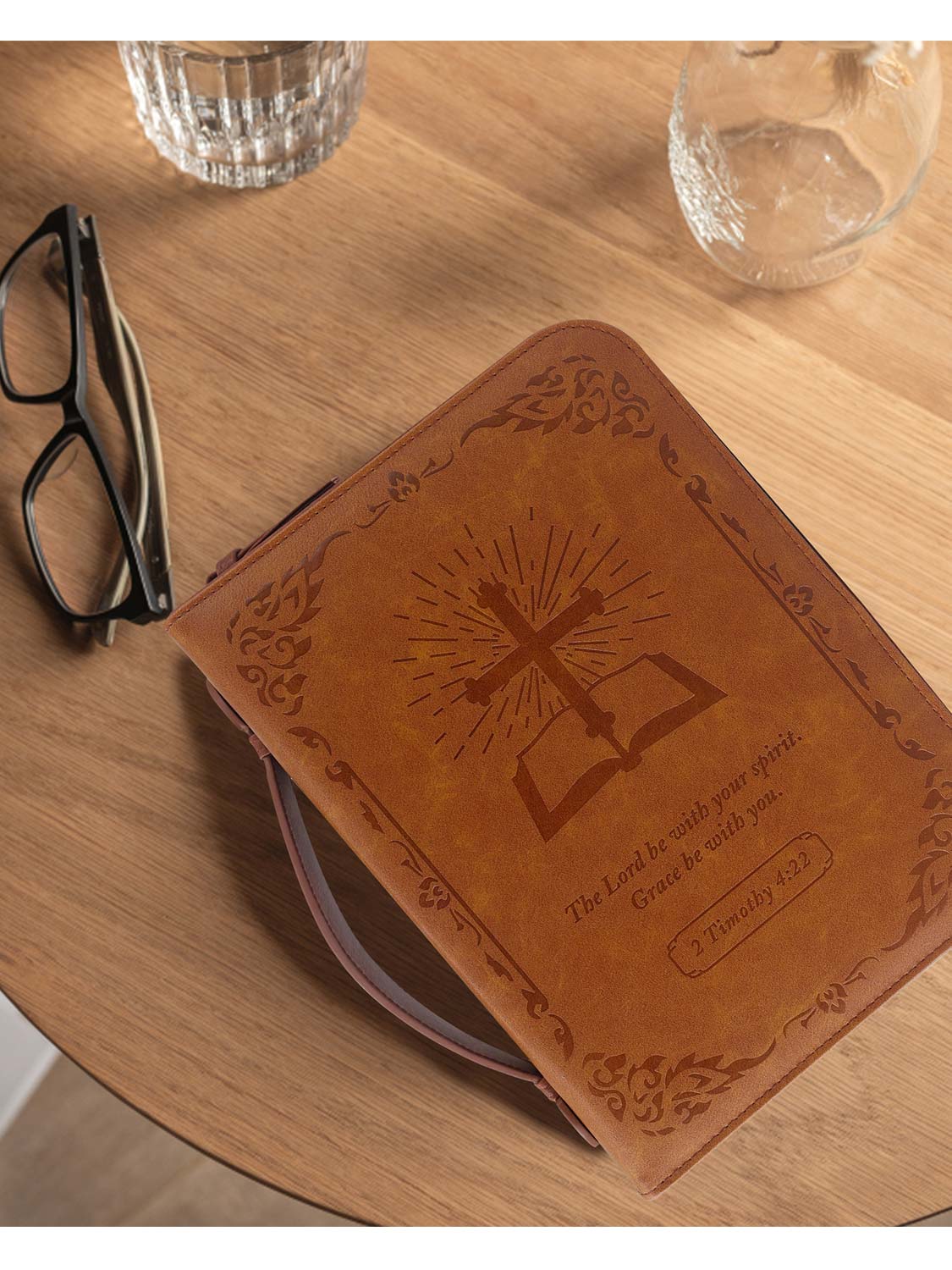 Vintage Light Brown PU Leather Durable Zipper Bible Bag Carrying Bag