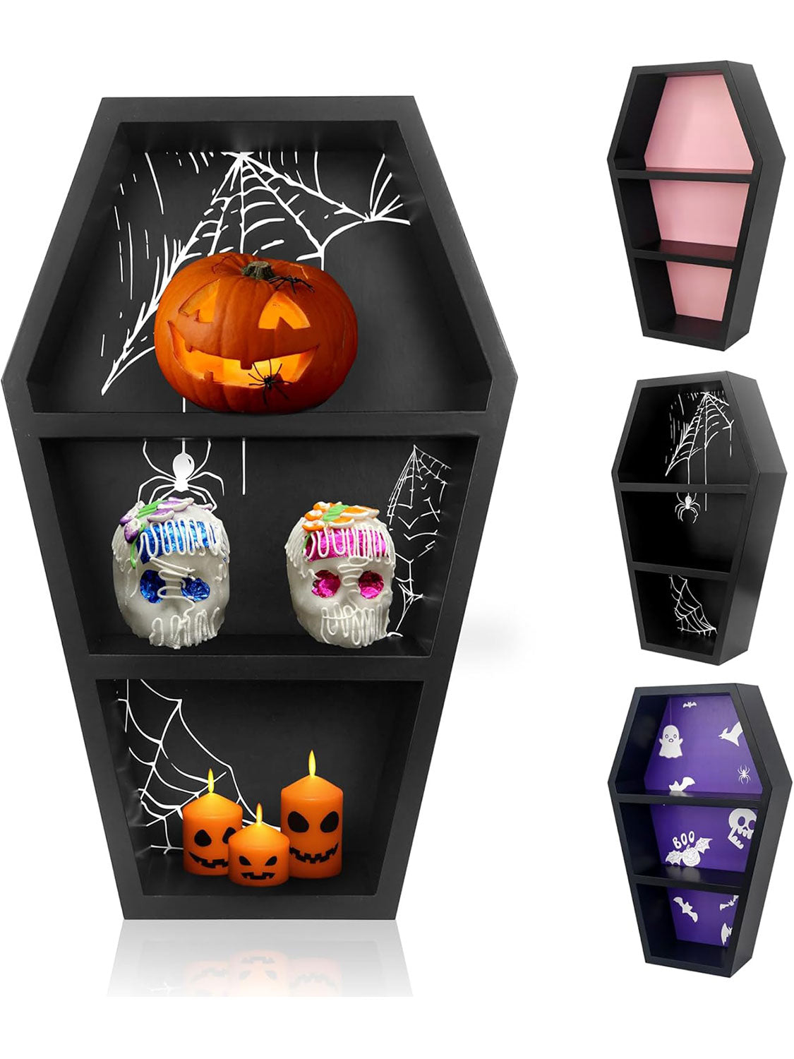 Spooky Wooden Goth Decor Black Coffin Shelf Shadow Box for Halloween with 3 Styles Backboard