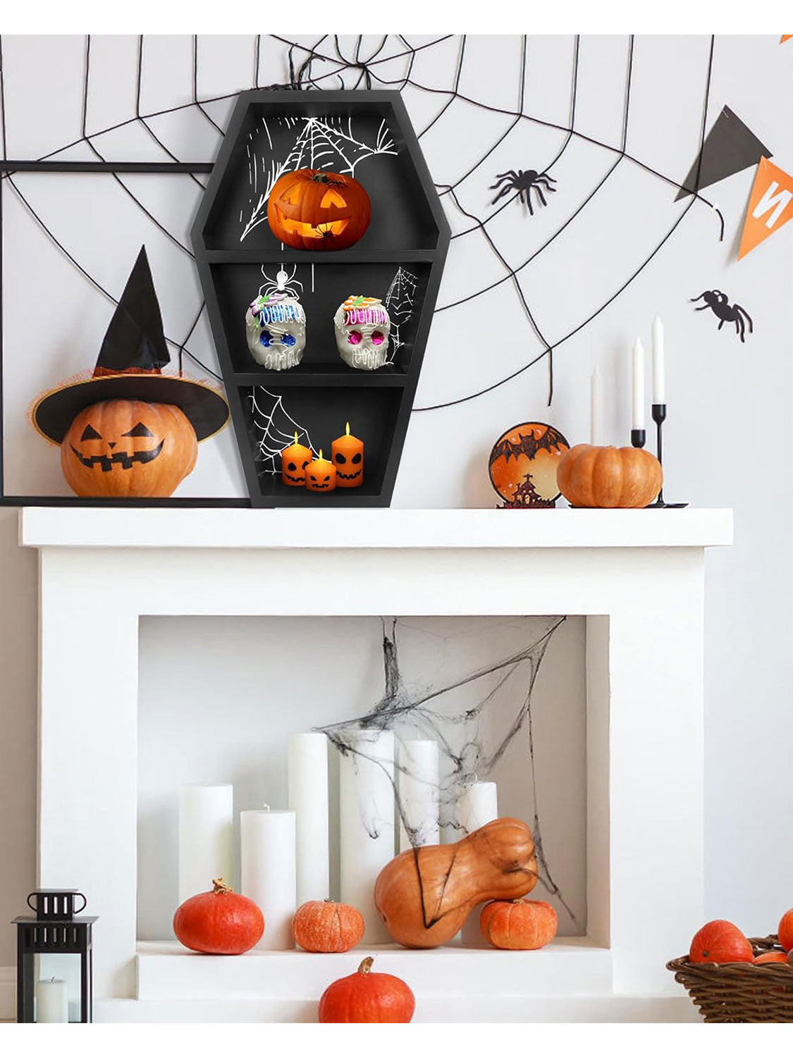 Spooky Wooden Goth Decor Black Coffin Shelf Shadow Box for Halloween with 3 Styles Backboard