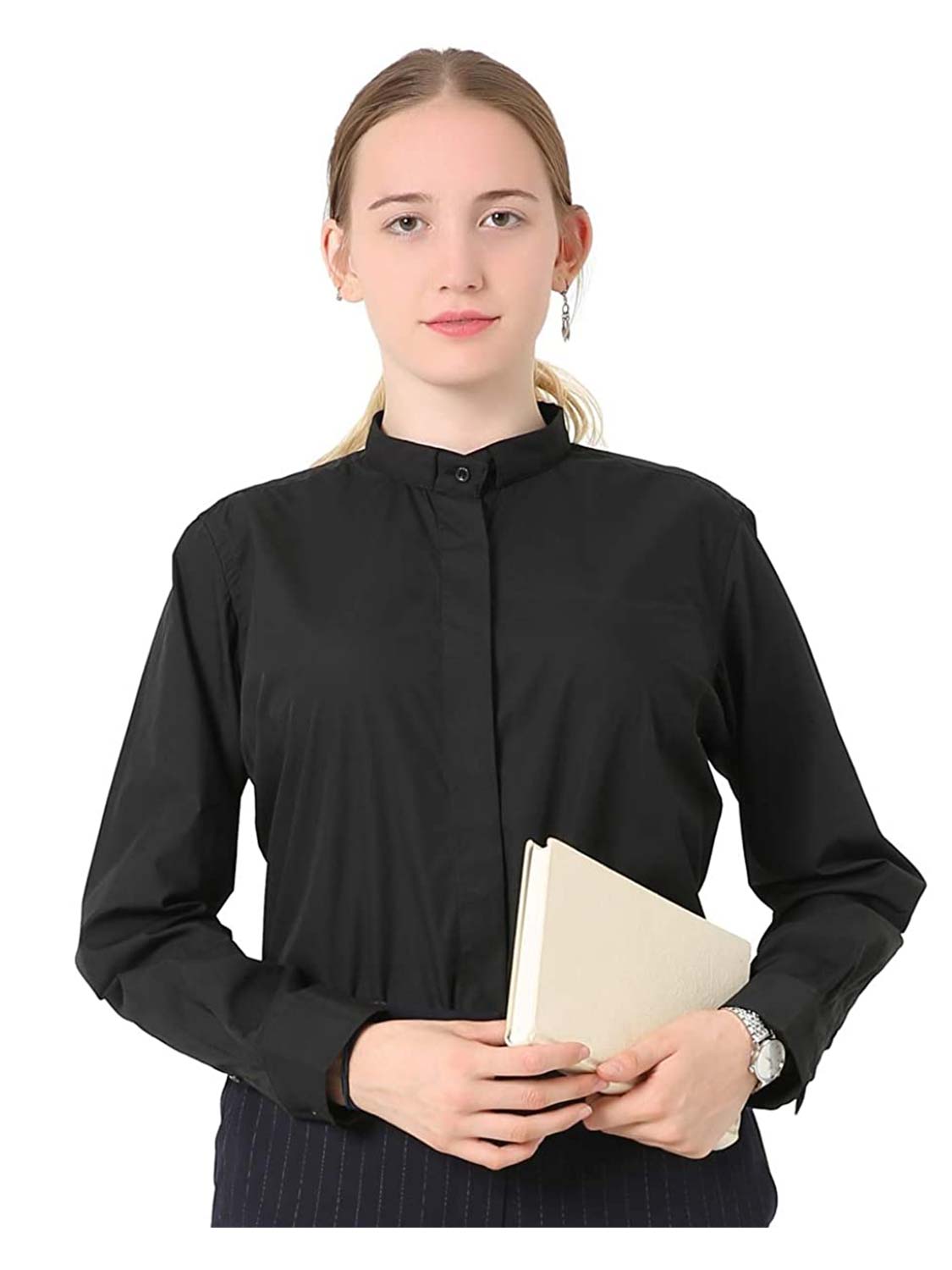 Women's Black Long Sleeve Tab Collar Clergy Shirt