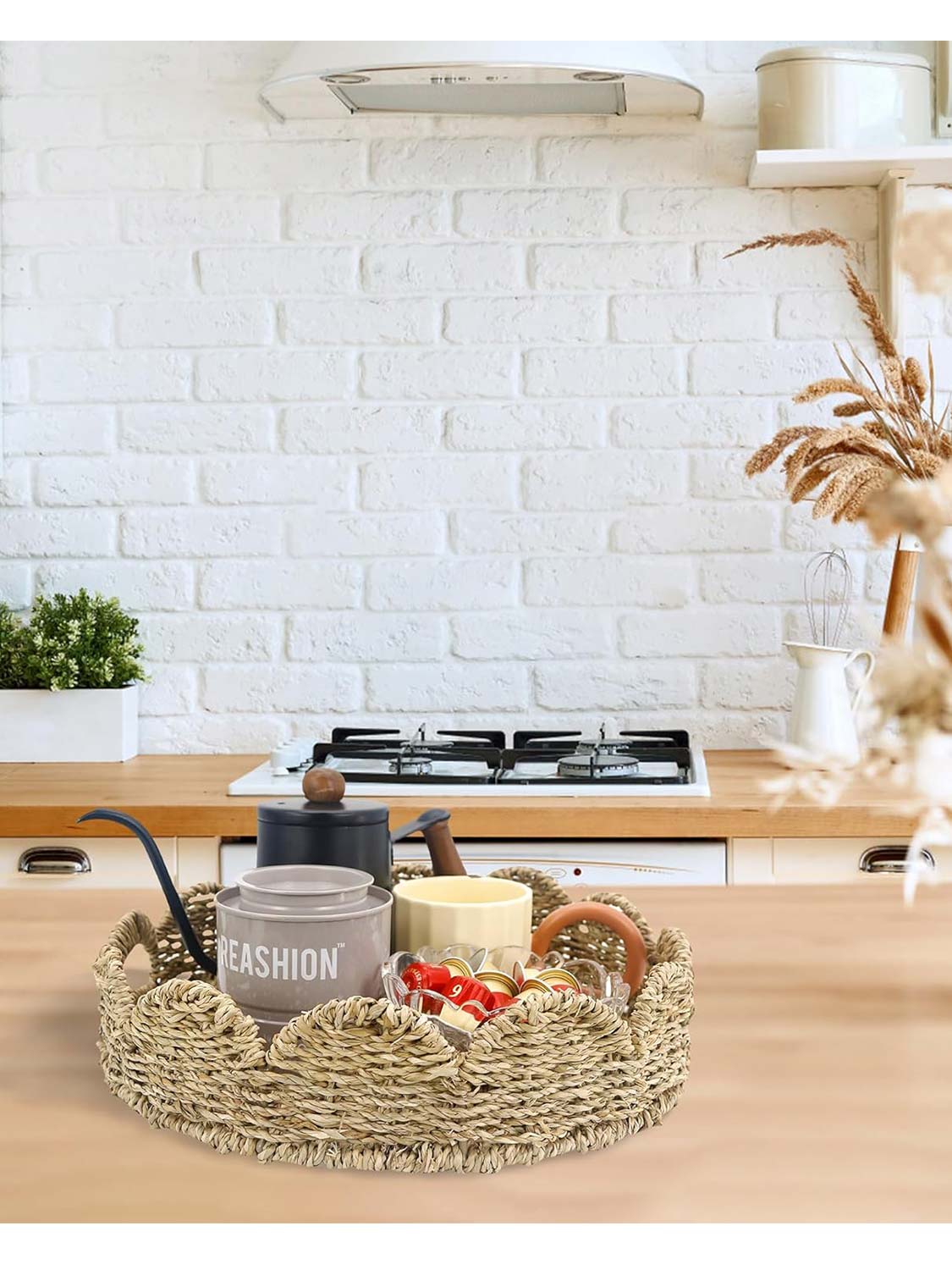 13" Seagrass Rattan Scalloped Edge Round Serving Tray with Built-in Handles