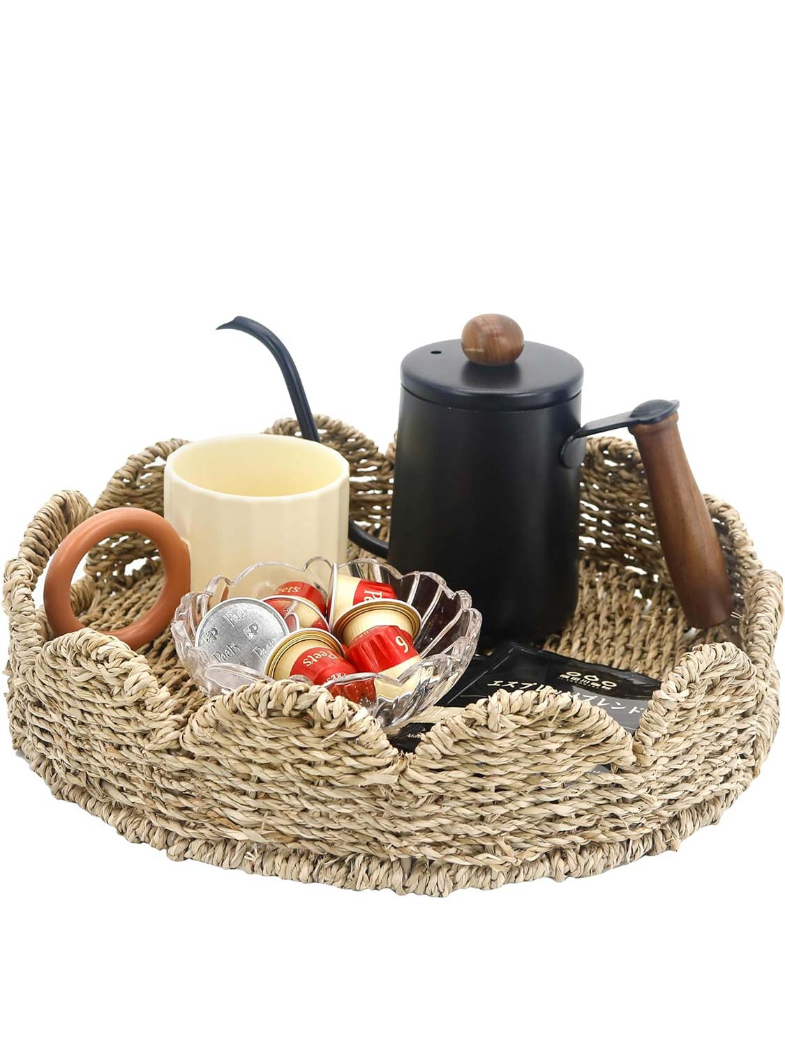 13" Seagrass Rattan Scalloped Edge Round Serving Tray with Built-in Handles