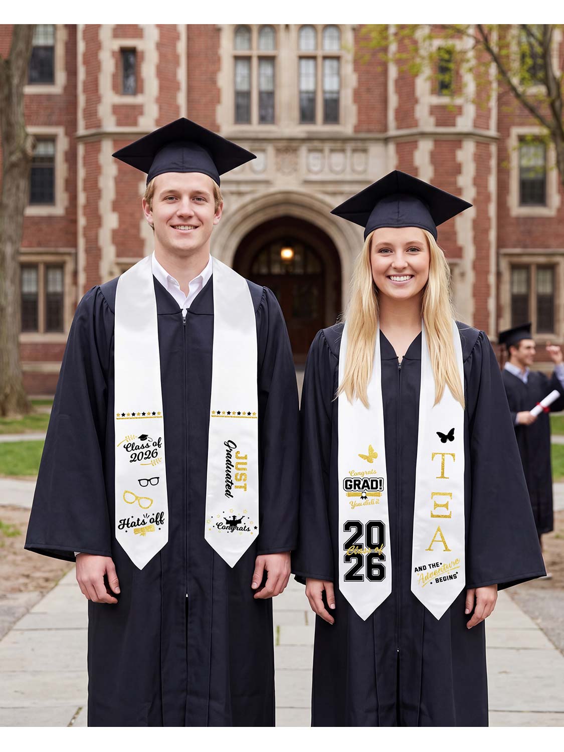 72" Graduation White Stole & Class of 2026 with 9 Sheets Black & Gold Iron-On Heat Transfer Vinyl Stickers Set