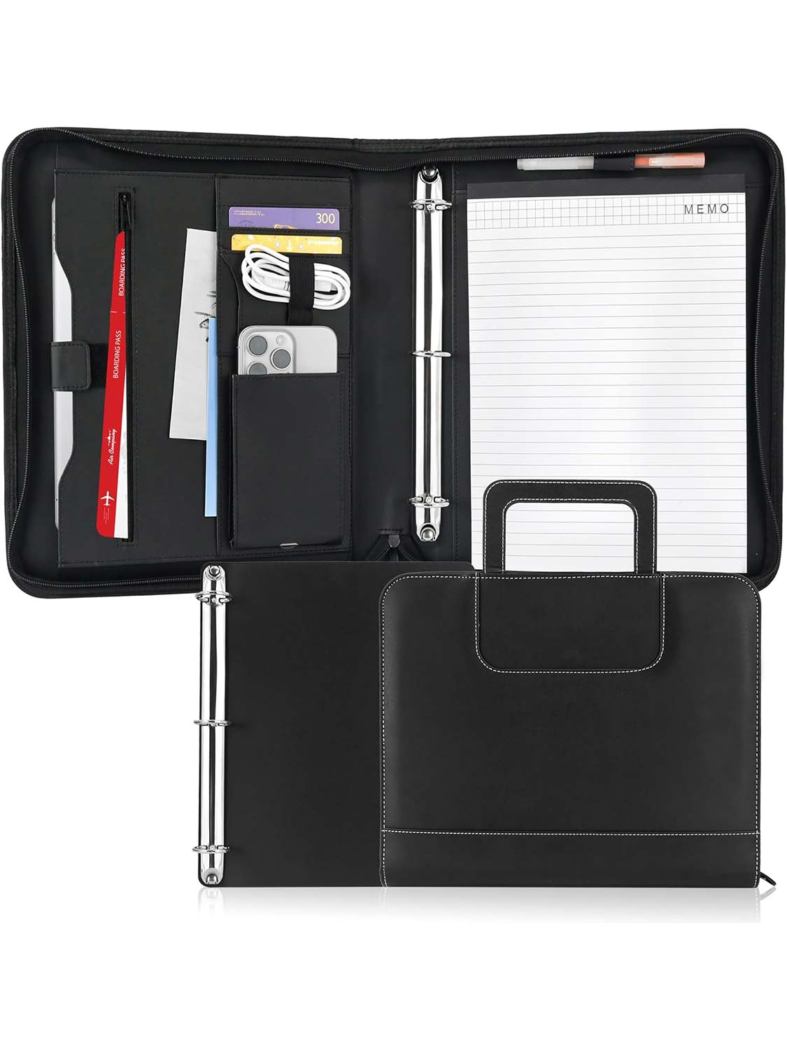 Zippered Faux Leather Portfolio with Handles and Removable Ring Binder