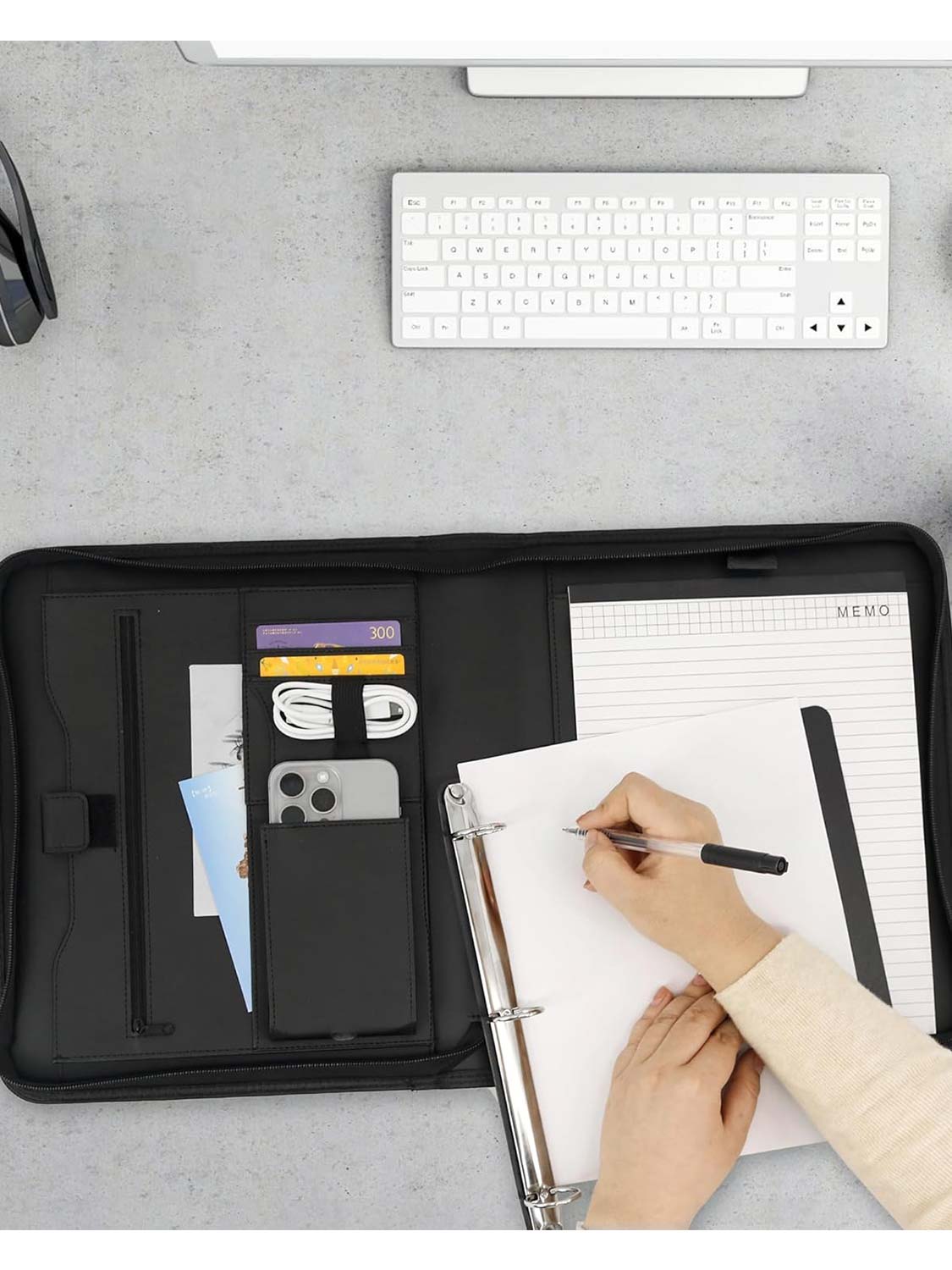 Zippered Faux Leather Portfolio with Handles and Removable Ring Binder