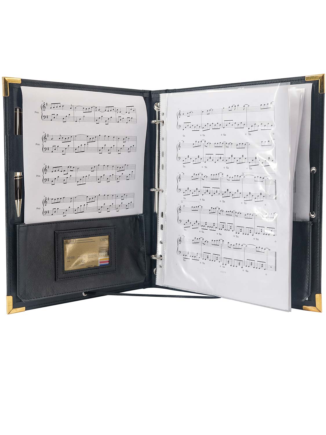 anglers 3 ring business card binder Black PU Leather 3 Rings Binder Music Choir Folder with Hand Strap