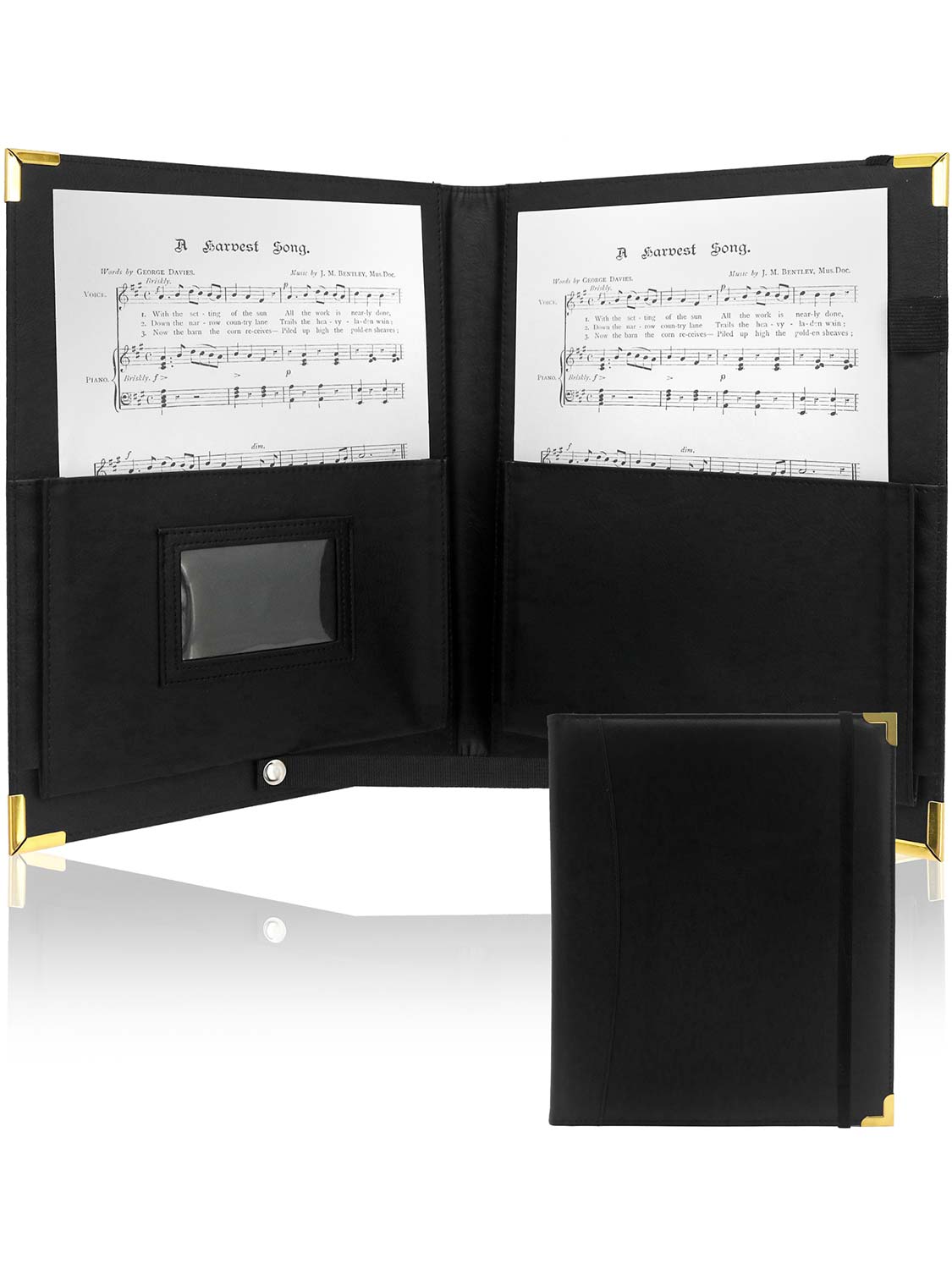 Black Leatherette Deluxe Padded Elastic Band Music Folder with Brass Corners