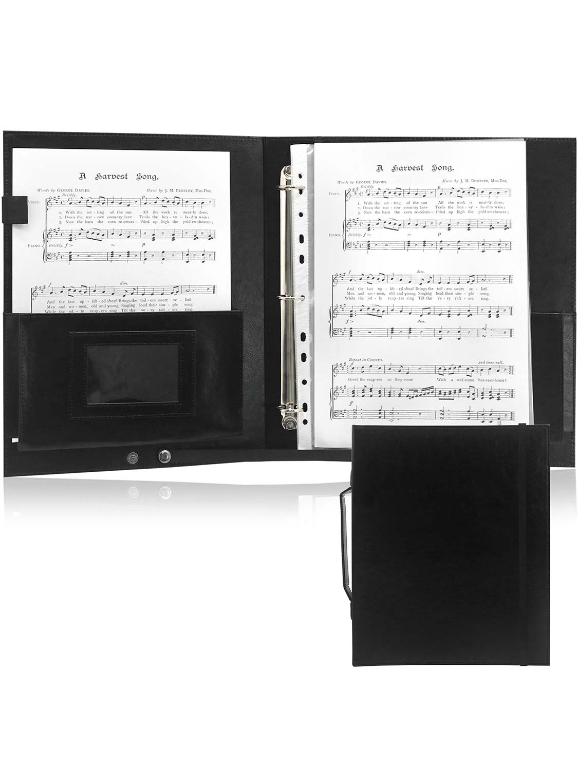 Black Leatherette Large Capacity Elastic Band Sheet Music Folder with Hand Strap 3 Rings Binder