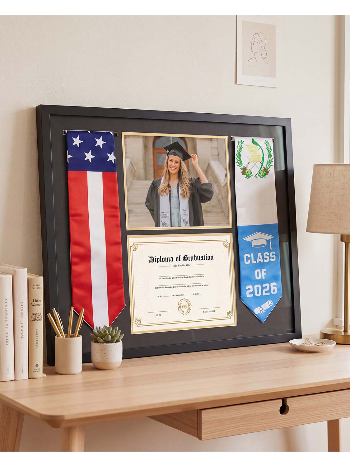 Black MDF Graduation Shadow Box Frame for 8.5*11 Diploma, Stoles & 5*7 picture - 2 Sizes Avalilable