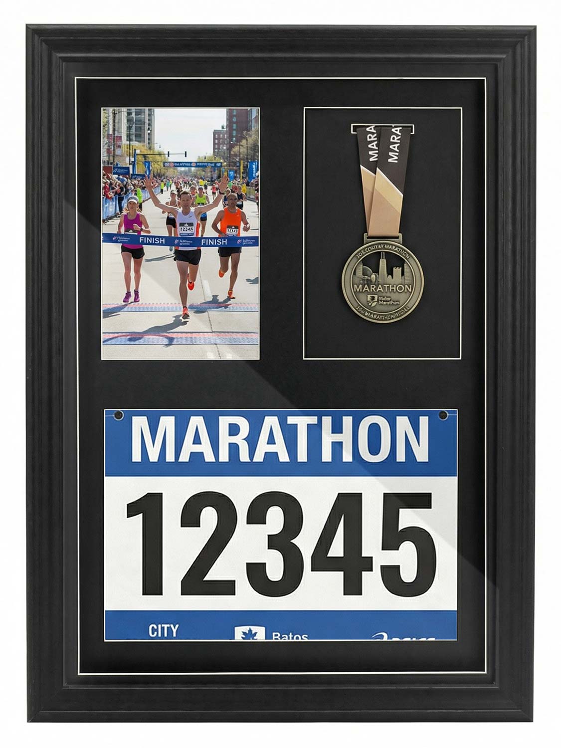 18*13 Wood Medal Display Case with Real Glass 3-in-1 mat holds race bib, medals and photos - 4 Colors Available
