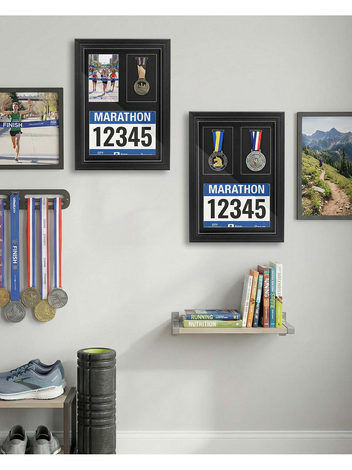18*13 Wood Medal Display Case with Real Glass 3-in-1 mat holds race bib, medals and photos - 4 Colors Available