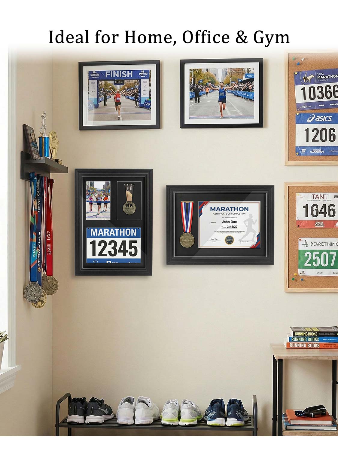 18*13 Wood Medal Display Case with Real Glass 3-in-1 mat holds race bib, medals and photos - 4 Colors Available