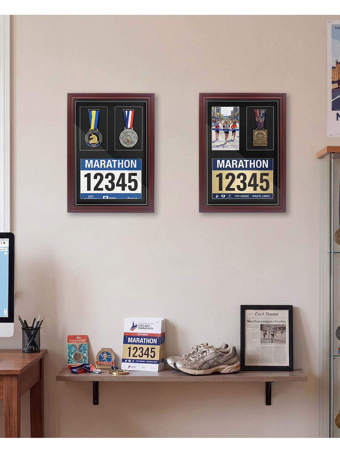 18*13 Wood Medal Display Case with Real Glass 3-in-1 mat holds race bib, medals and photos - 4 Colors Available