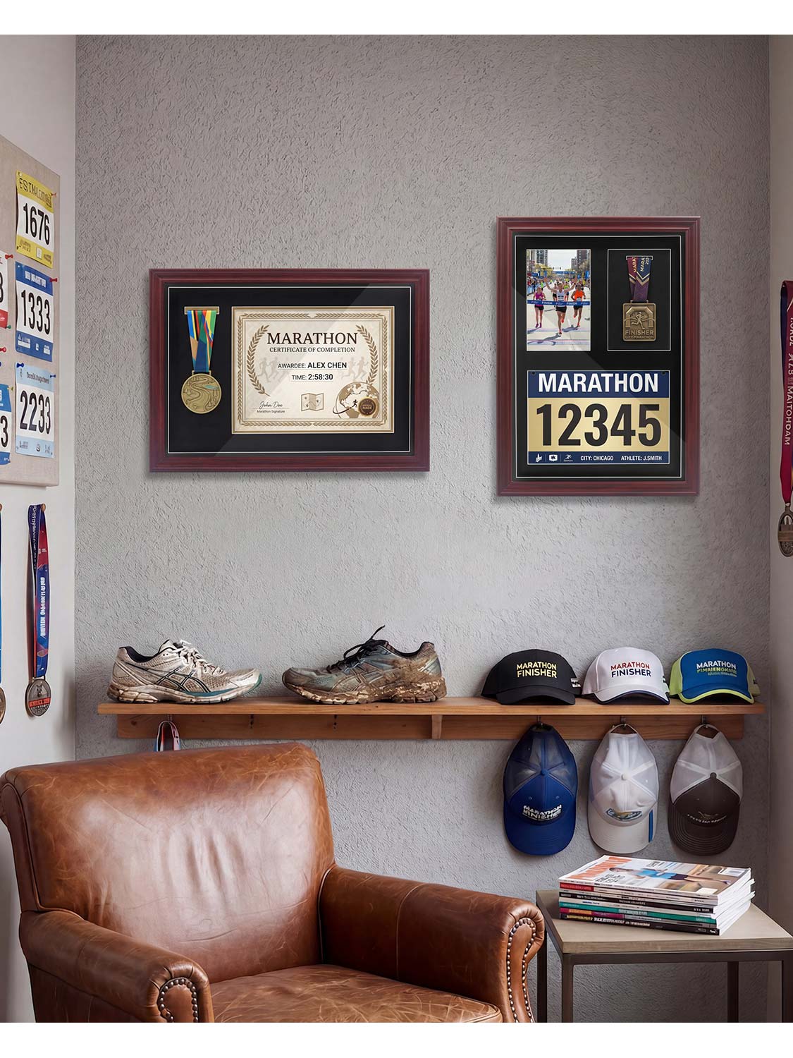 18*13 Wood Medal Display Case with Real Glass 3-in-1 mat holds race bib, medals and photos - 4 Colors Available