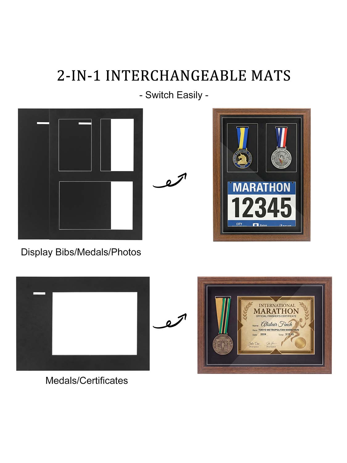 18*13 Wood Medal Display Case with Real Glass 3-in-1 mat holds race bib, medals and photos - 4 Colors Available