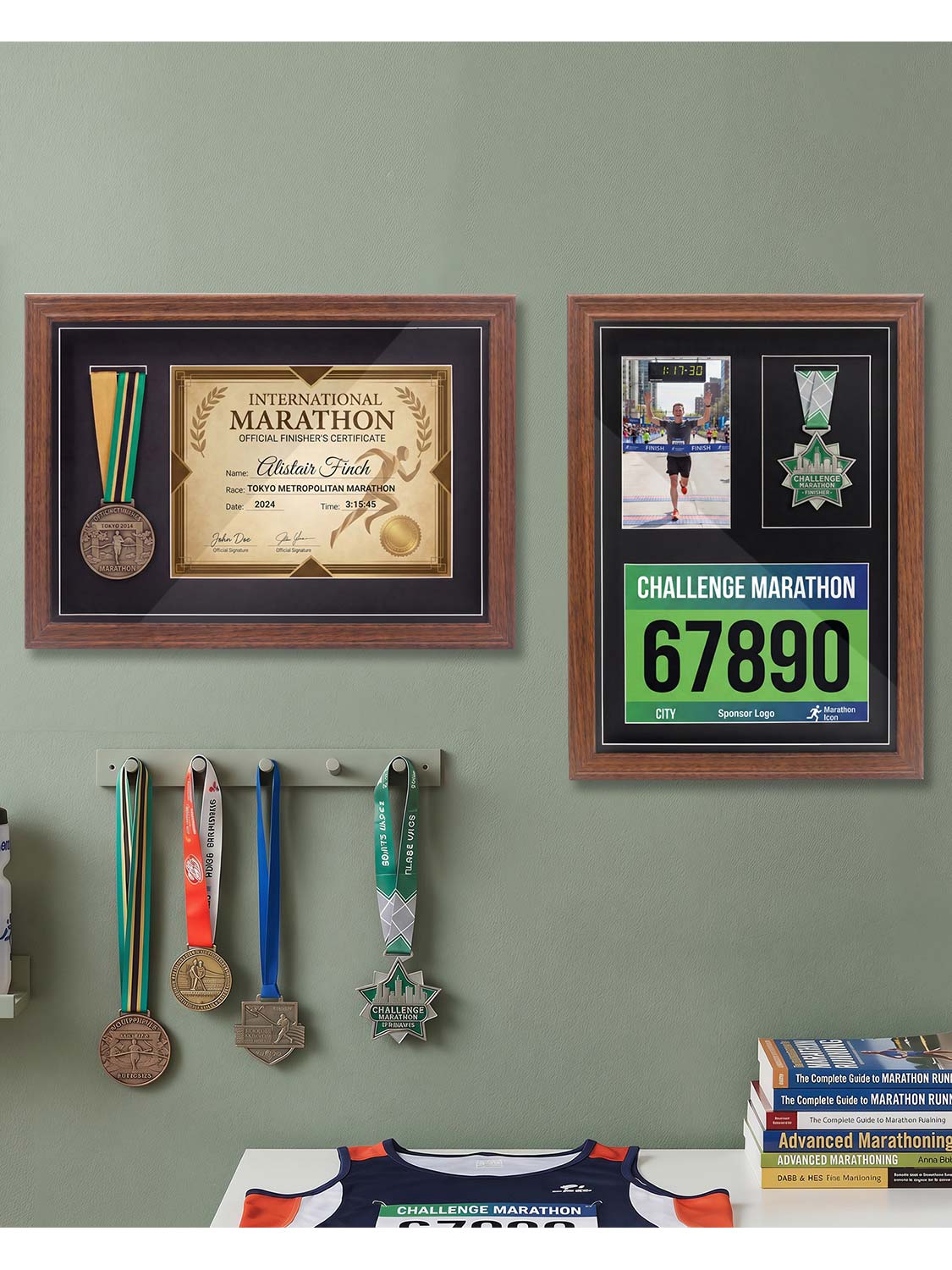 18*13 Wood Medal Display Case with Real Glass 3-in-1 mat holds race bib, medals and photos - 4 Colors Available