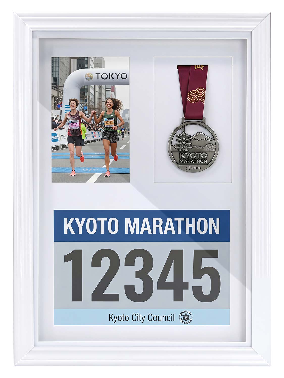18*13 Wood Medal Display Case with Real Glass 3-in-1 mat holds race bib, medals and photos - 4 Colors Available