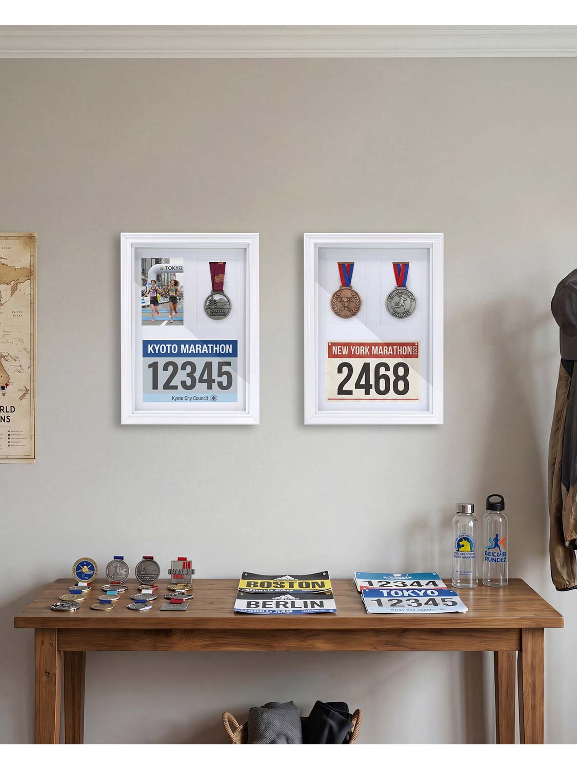 18*13 Wood Medal Display Case with Real Glass 3-in-1 mat holds race bib, medals and photos - 4 Colors Available