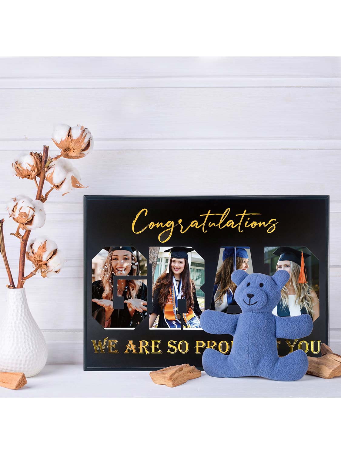 Graduation Wall Mounting 17x12 Black Picture Frame with Black Mat Displays Four 4x6 Photos