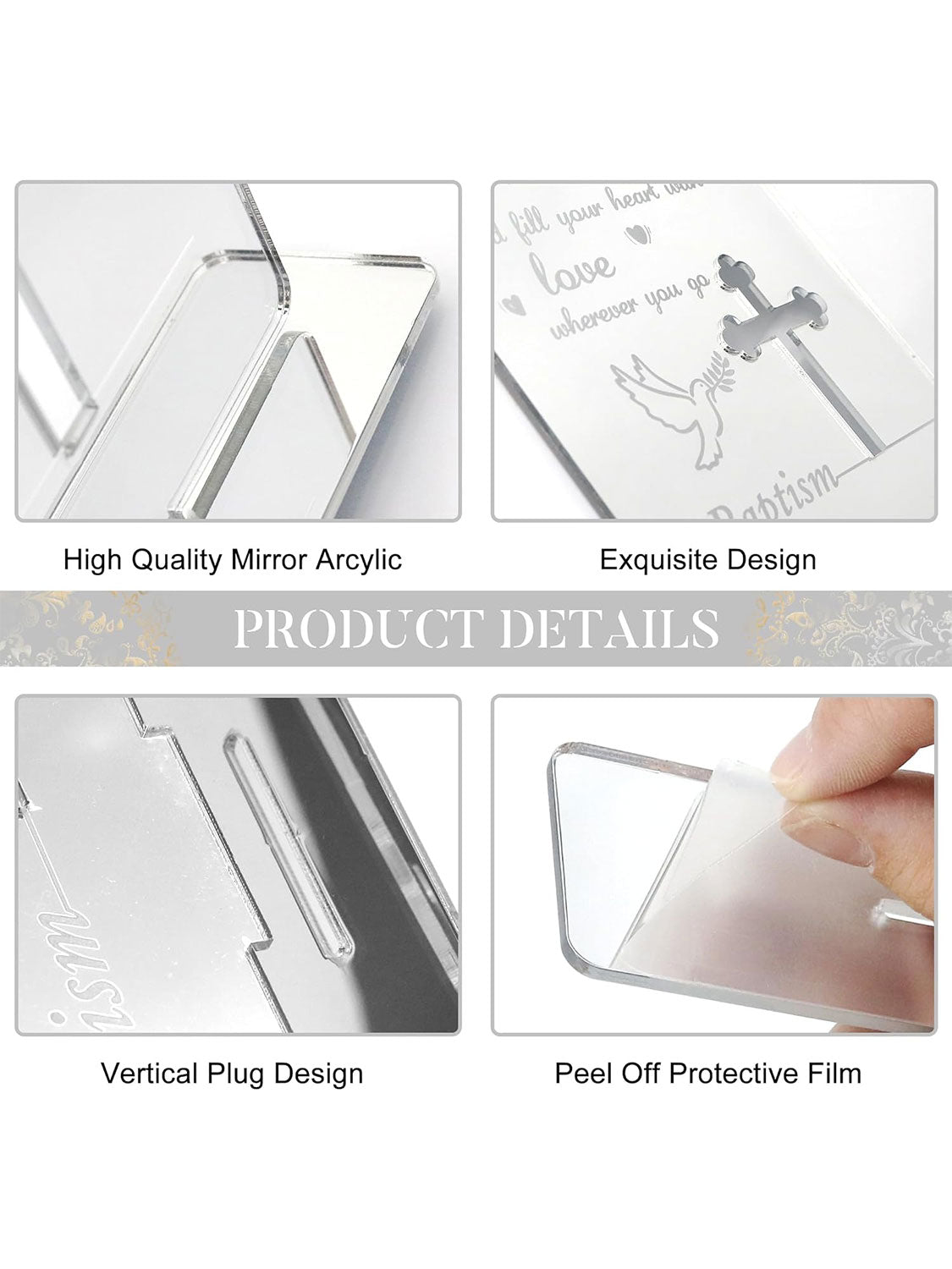 4*6 Baby Shower Christening Gifts Mirror Acrylic with Dove Printed Baptism Picture Frame