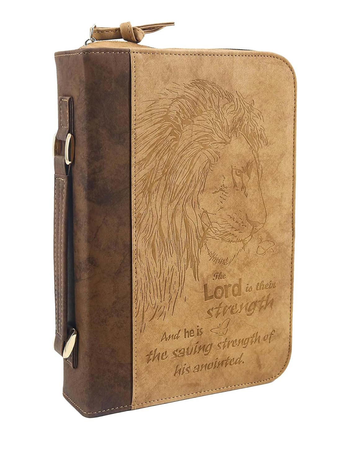 Men's PU Leather Classic Lion Bible Cover Scripture Case with Handle Pocket - 2 Colors Available