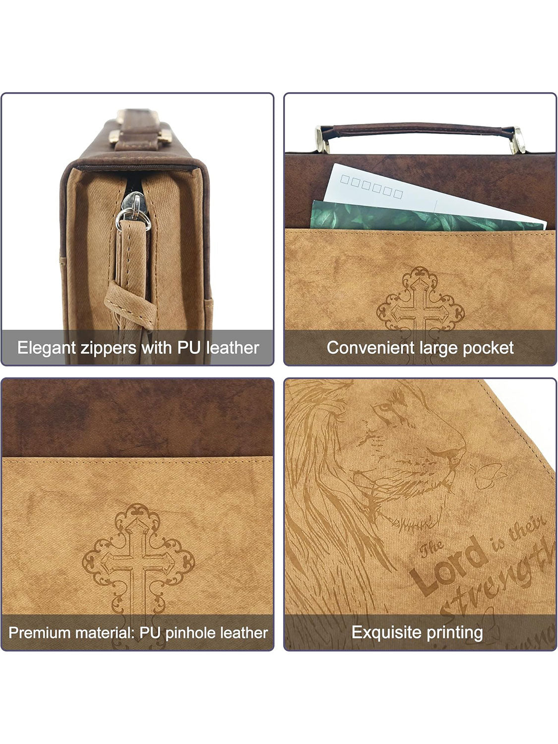 Men's PU Leather Classic Lion Bible Cover Scripture Case with Handle Pocket - 2 Colors Available