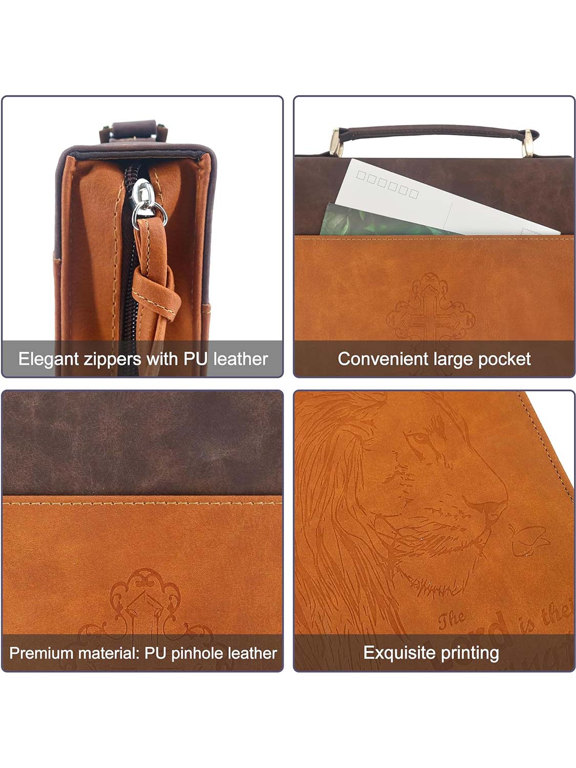 Men's PU Leather Classic Lion Bible Cover Scripture Case with Handle Pocket - 2 Colors Available