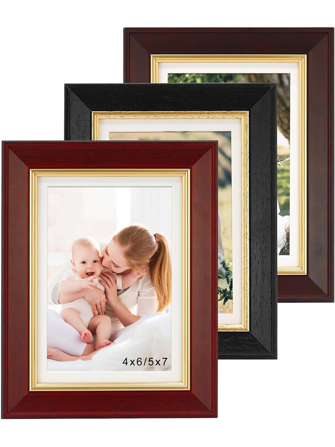 Real Wood with Gold Trim Collage Picture Frame Set of 3 - 2 Sizes Available