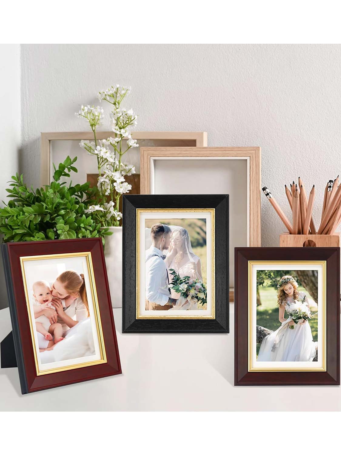 Real Wood with Gold Trim Collage Picture Frame Set of 3 - 2 Sizes Available