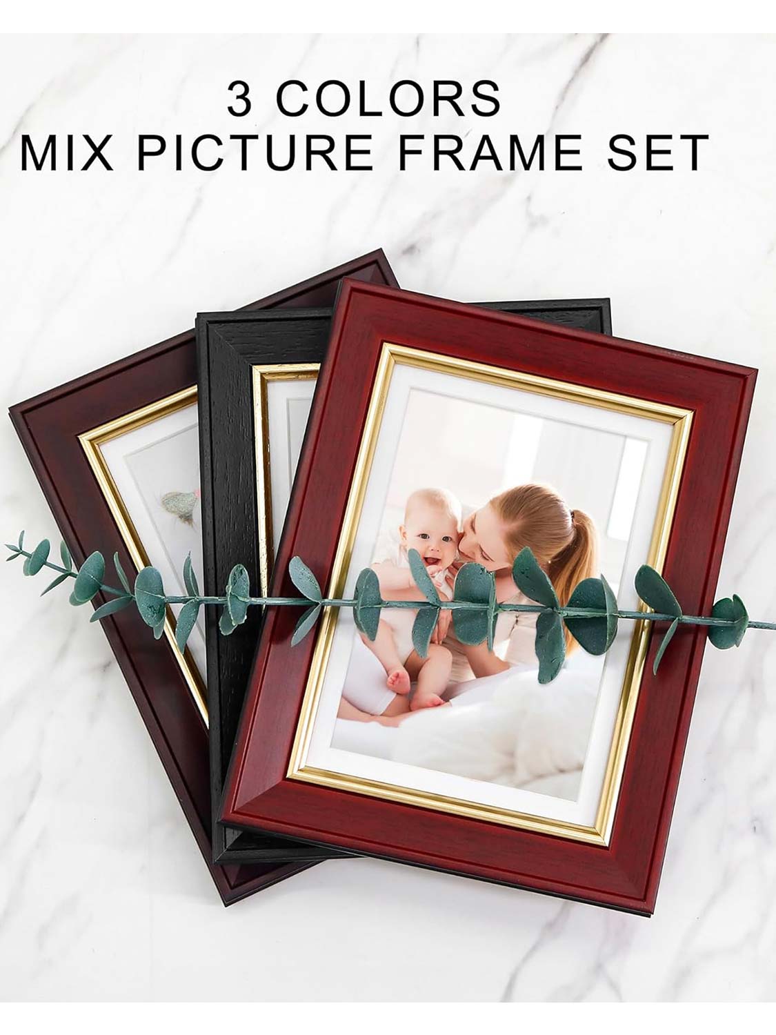 Real Wood with Gold Trim Collage Picture Frame Set of 3 - 2 Sizes Available