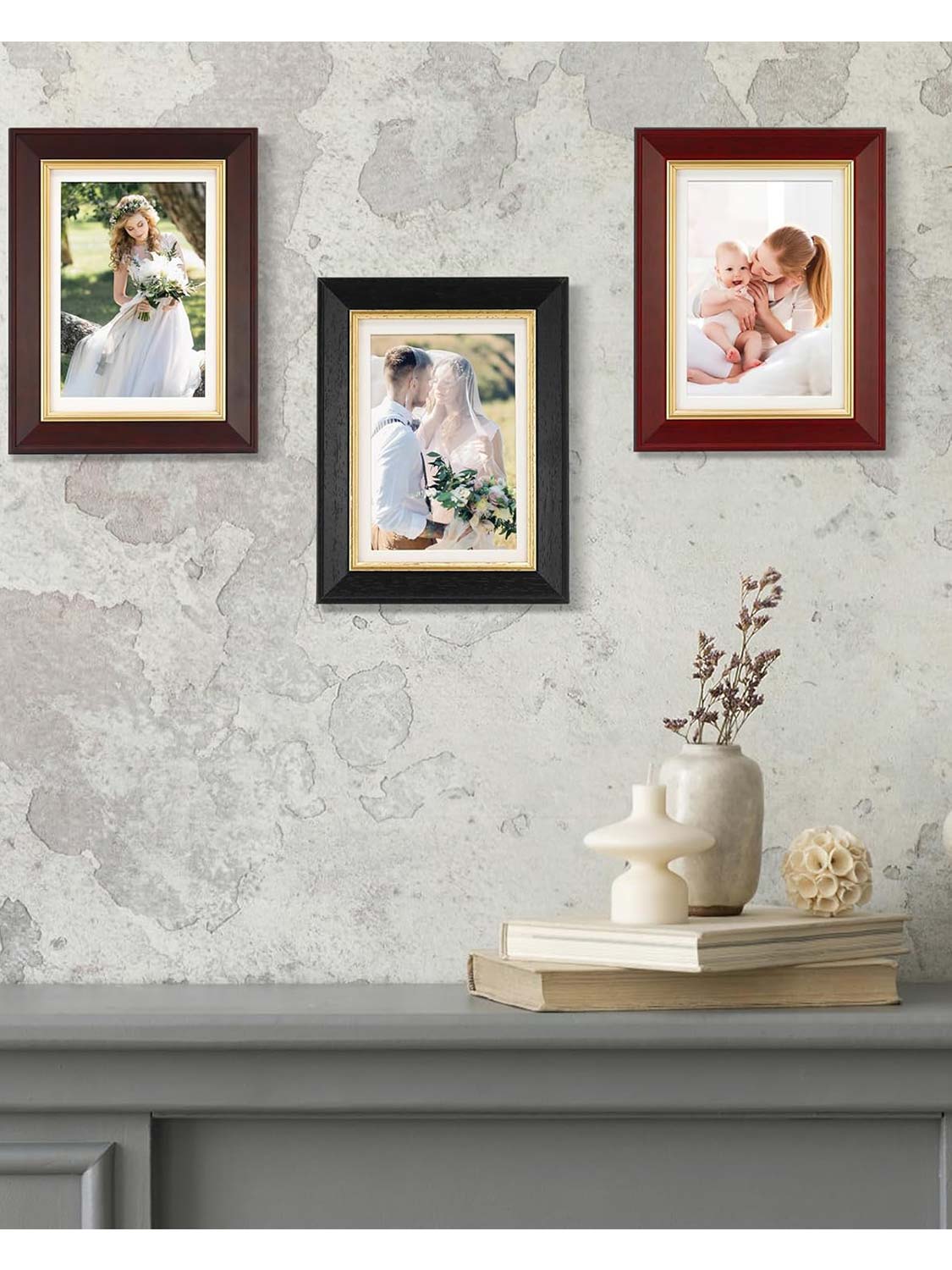 Real Wood with Gold Trim Collage Picture Frame Set of 3 - 2 Sizes Available