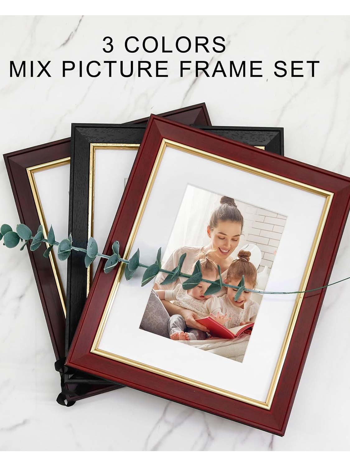 Real Wood with Gold Trim Collage Picture Frame Set of 3 - 2 Sizes Available