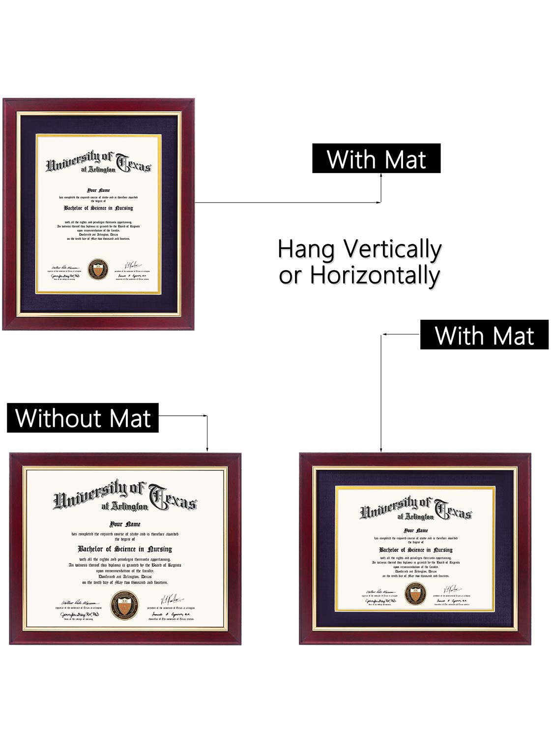 Mahogany Elite Certificate Diploma Frames - Various Sizes & Mat Colors Available