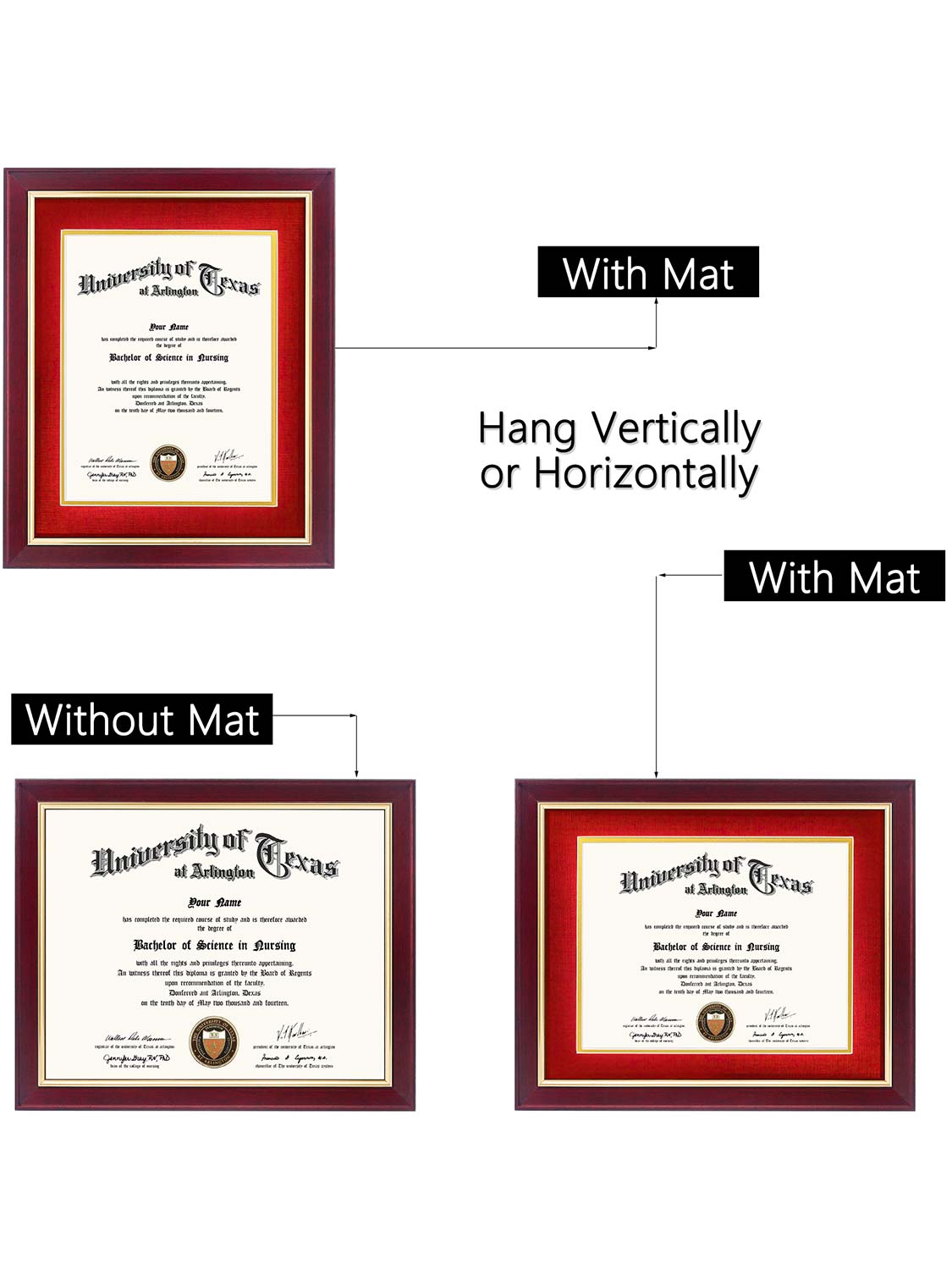 Mahogany Elite Certificate Diploma Frames - Various Sizes & Mat Colors Available