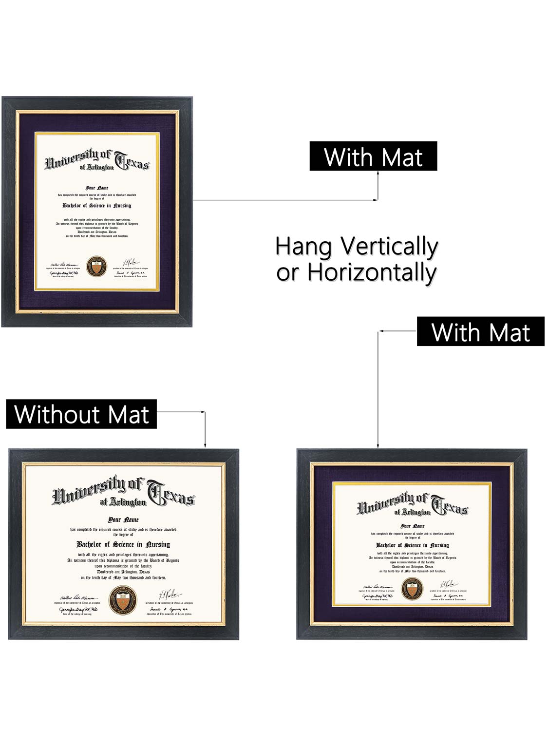 Black Elite Certificate Diploma Frames - Various Sizes & Mat Colors Available