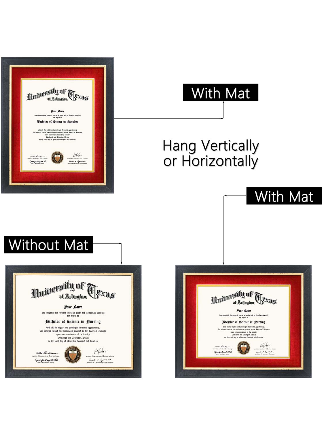 Black Elite Certificate Diploma Frames - Various Sizes & Mat Colors Available