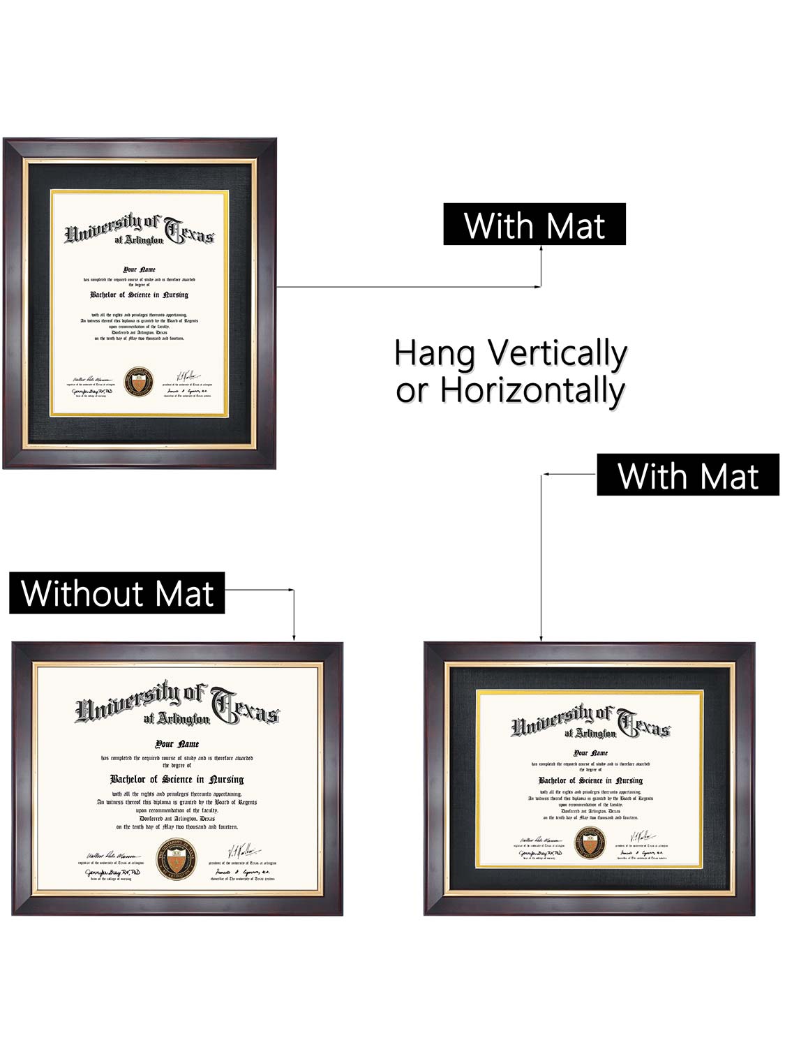 Brown Elite Certificate Diploma Frames - Various Sizes & Mat Colors Available