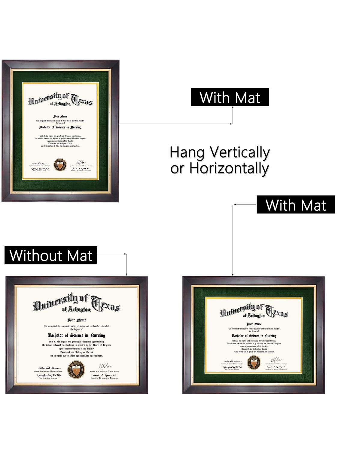 Brown Elite Certificate Diploma Frames - Various Sizes & Mat Colors Available