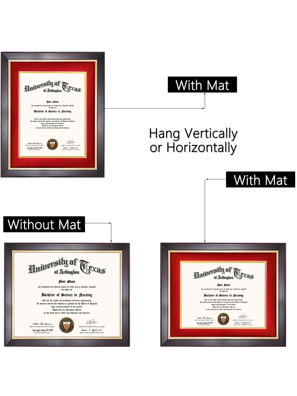 Brown Elite Certificate Diploma Frames - Various Sizes & Mat Colors Available