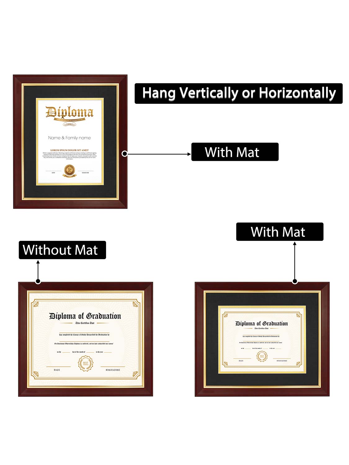 Mahogany Elite Certificate Diploma Frames - Various Sizes & Mat Colors Available