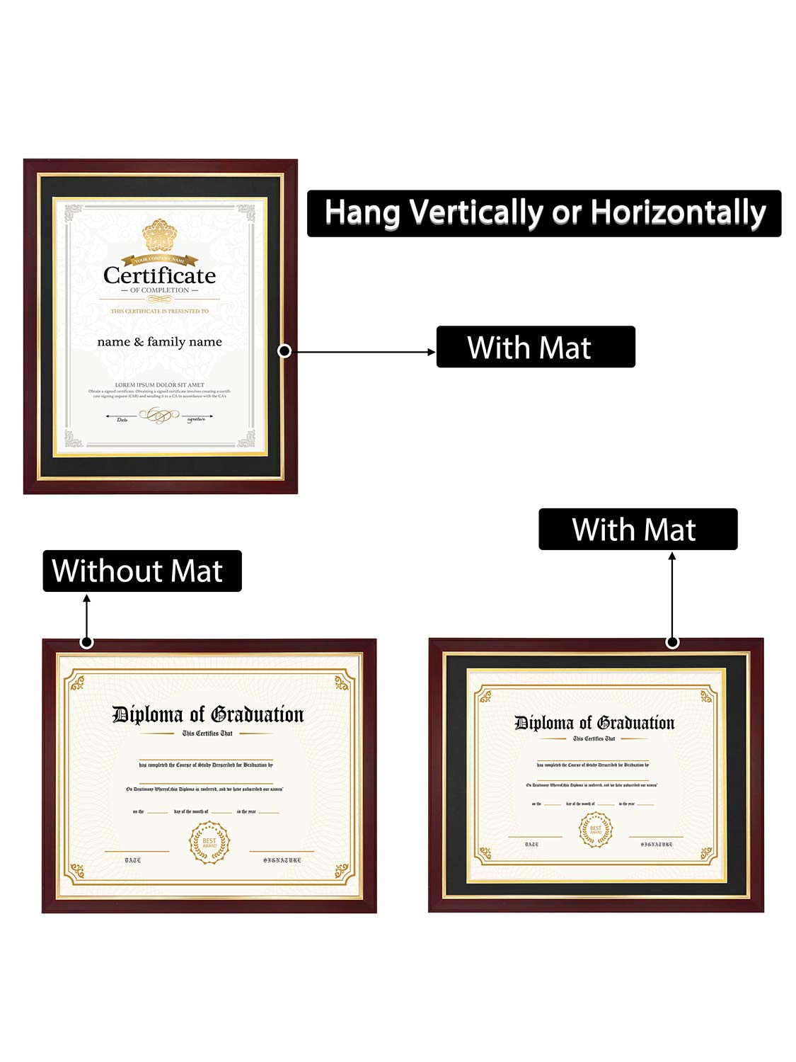 Mahogany Elite Certificate Diploma Frames - Various Sizes & Mat Colors Available