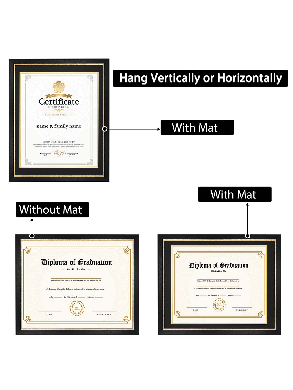 Black Elite Certificate Diploma Frames - Various Sizes & Mat Colors Available
