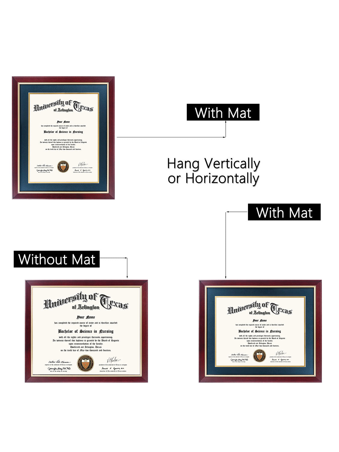 Mahogany Elite Certificate Diploma Frames - Various Sizes & Mat Colors Available