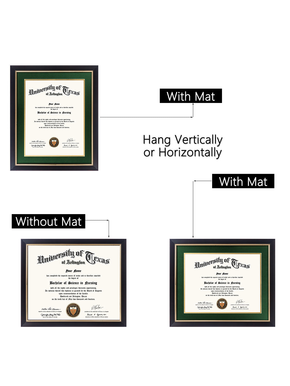 Black Elite Certificate Diploma Frames - Various Sizes & Mat Colors Available