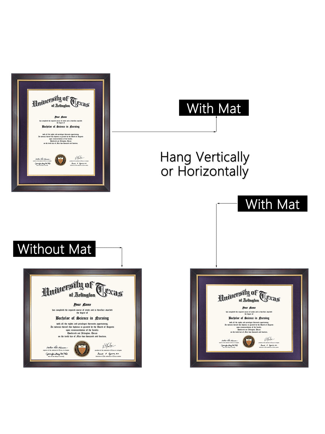 Brown Elite Certificate Diploma Frames - Various Sizes & Mat Colors Available