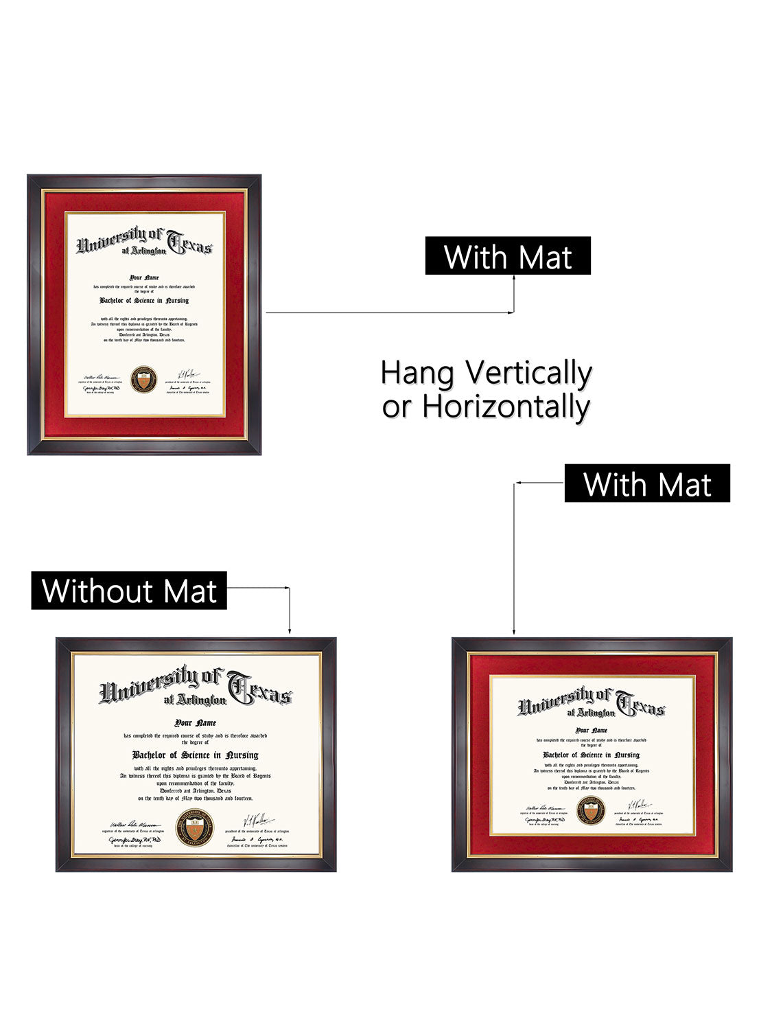 Brown Elite Certificate Diploma Frames - Various Sizes & Mat Colors Available