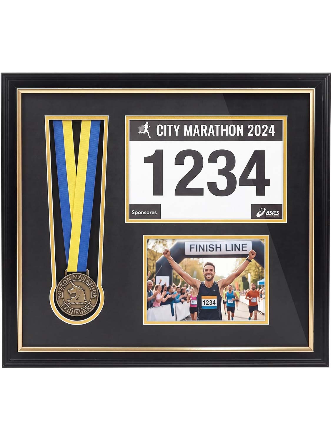 Black Wood 3-in-1 Medal Display Case fits 5x7 photo, 9x6 race bib & heavy medals - 2 Styles Available