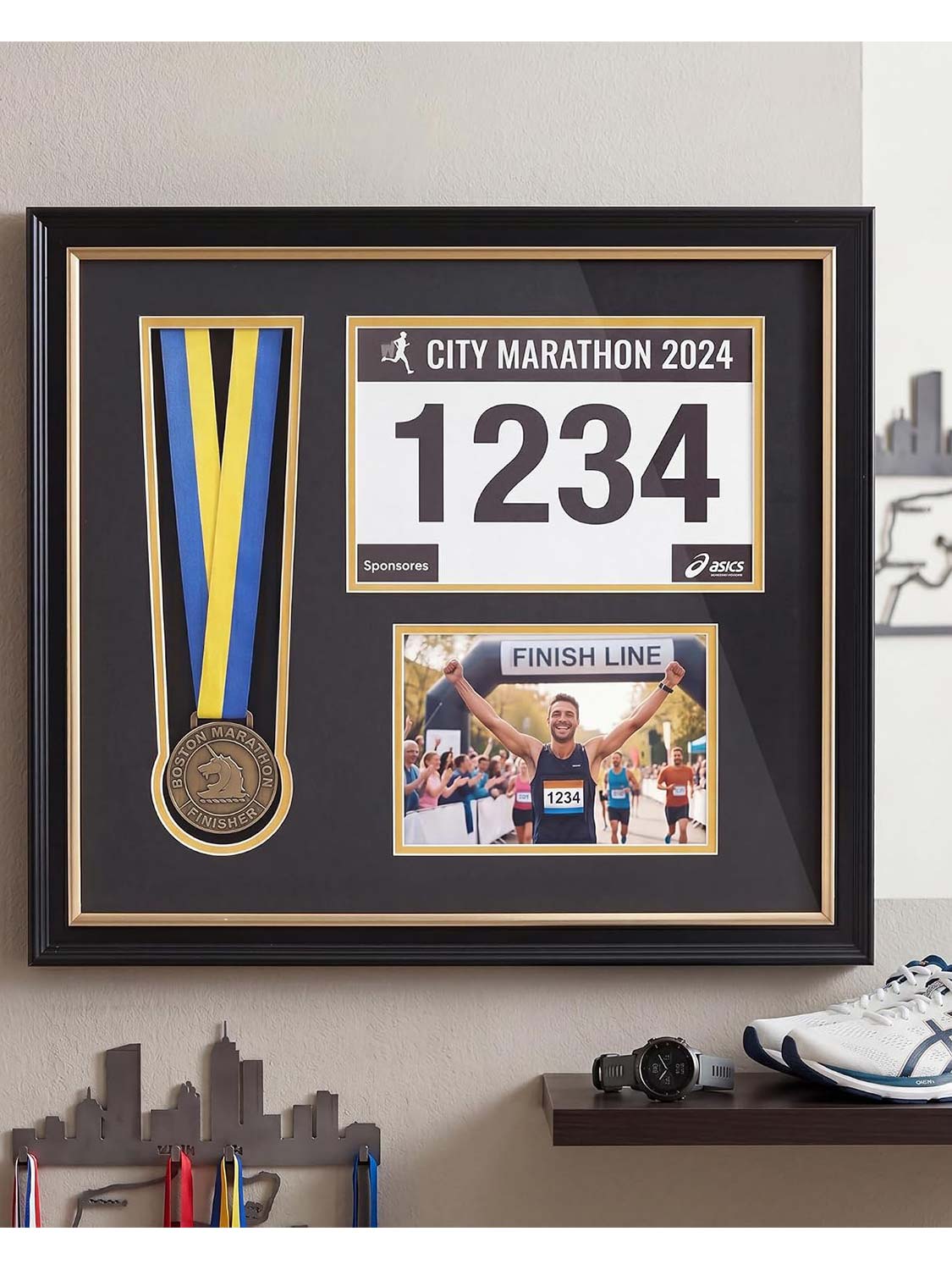 Black Wood 3-in-1 Medal Display Case fits 5x7 photo, 9x6 race bib & heavy medals - 2 Styles Available