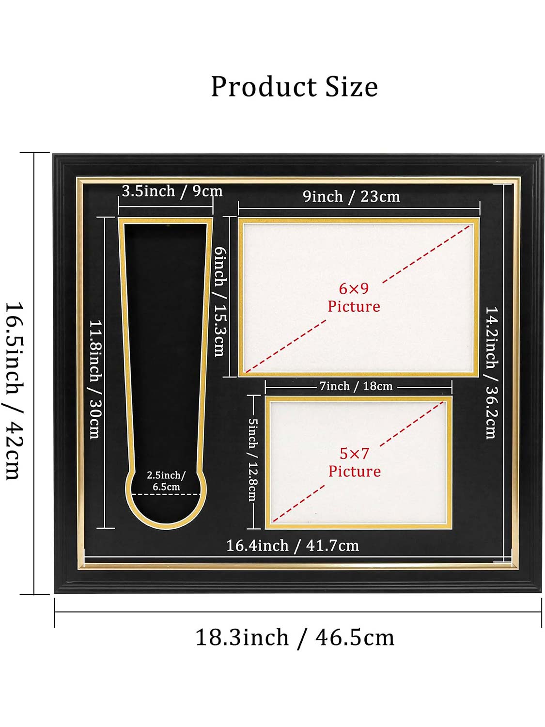 Black Wood 3-in-1 Medal Display Case fits 5x7 photo, 9x6 race bib & heavy medals - 2 Styles Available