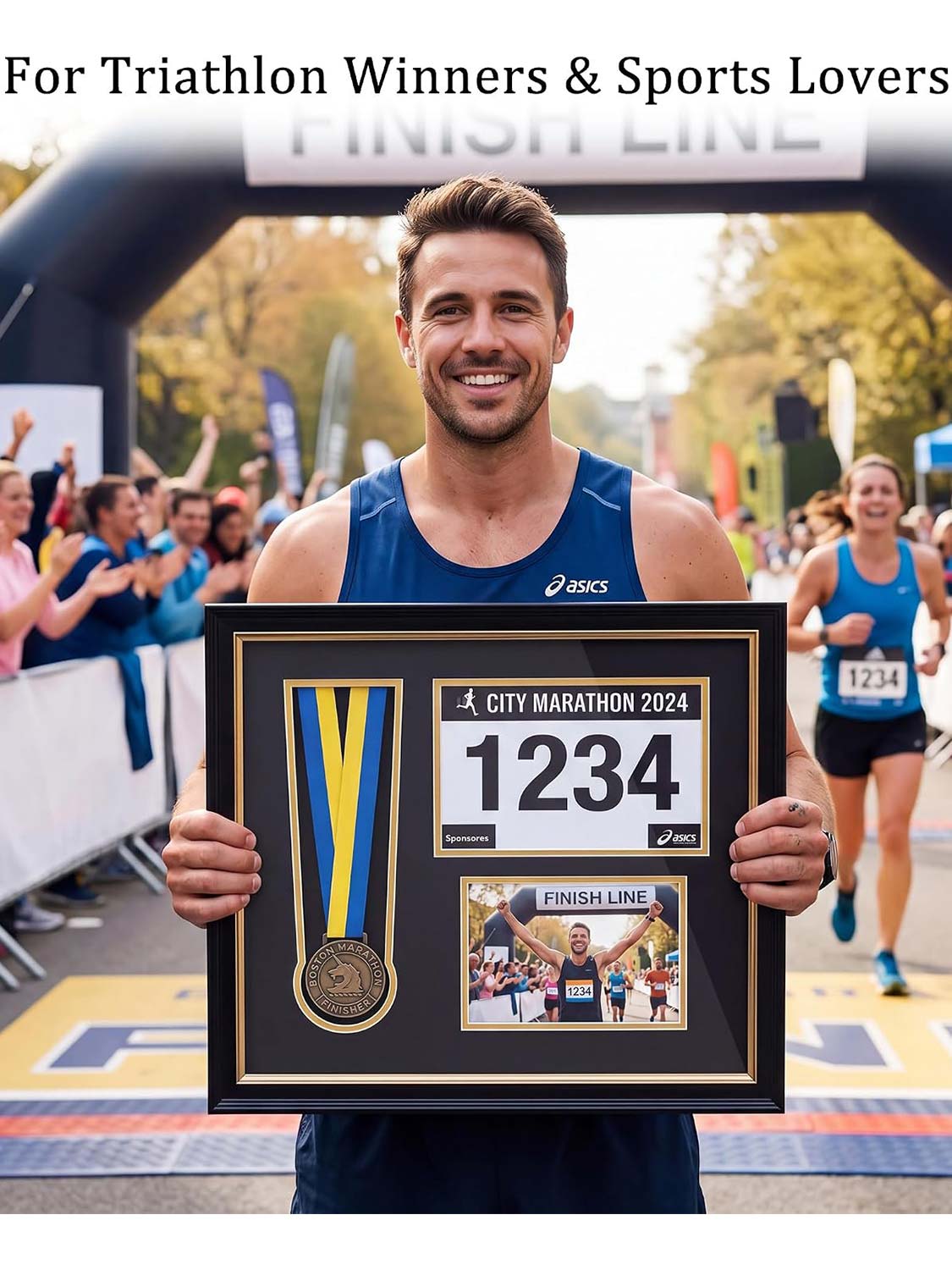 Black Wood 3-in-1 Medal Display Case fits 5x7 photo, 9x6 race bib & heavy medals - 2 Styles Available